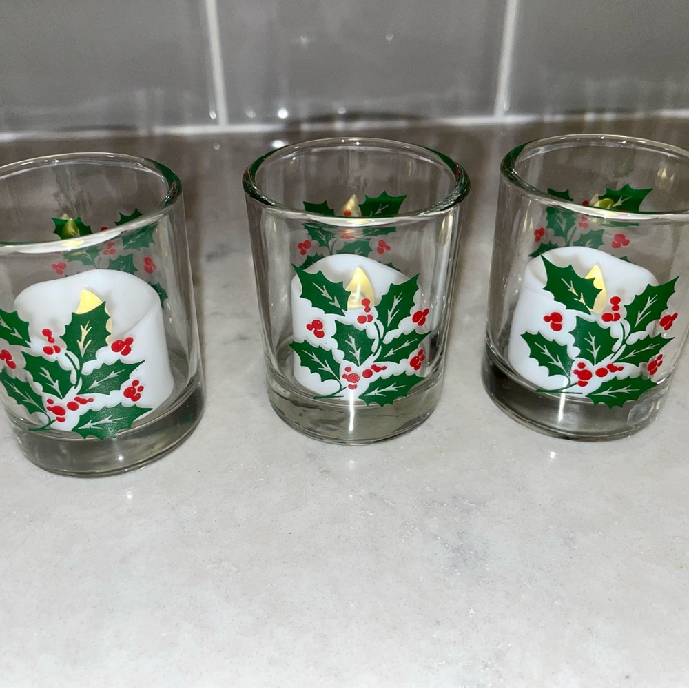 3 vtg Christmas Holly votives